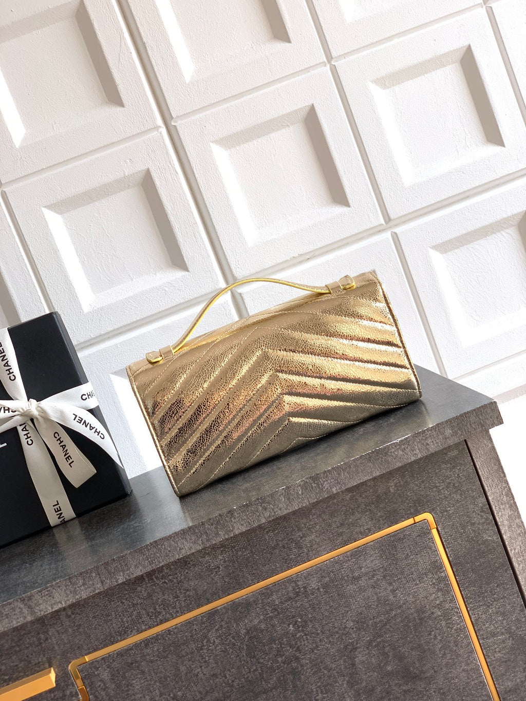 Chanel 26X Luminous Gold Metallic Woven Clutch Bag
