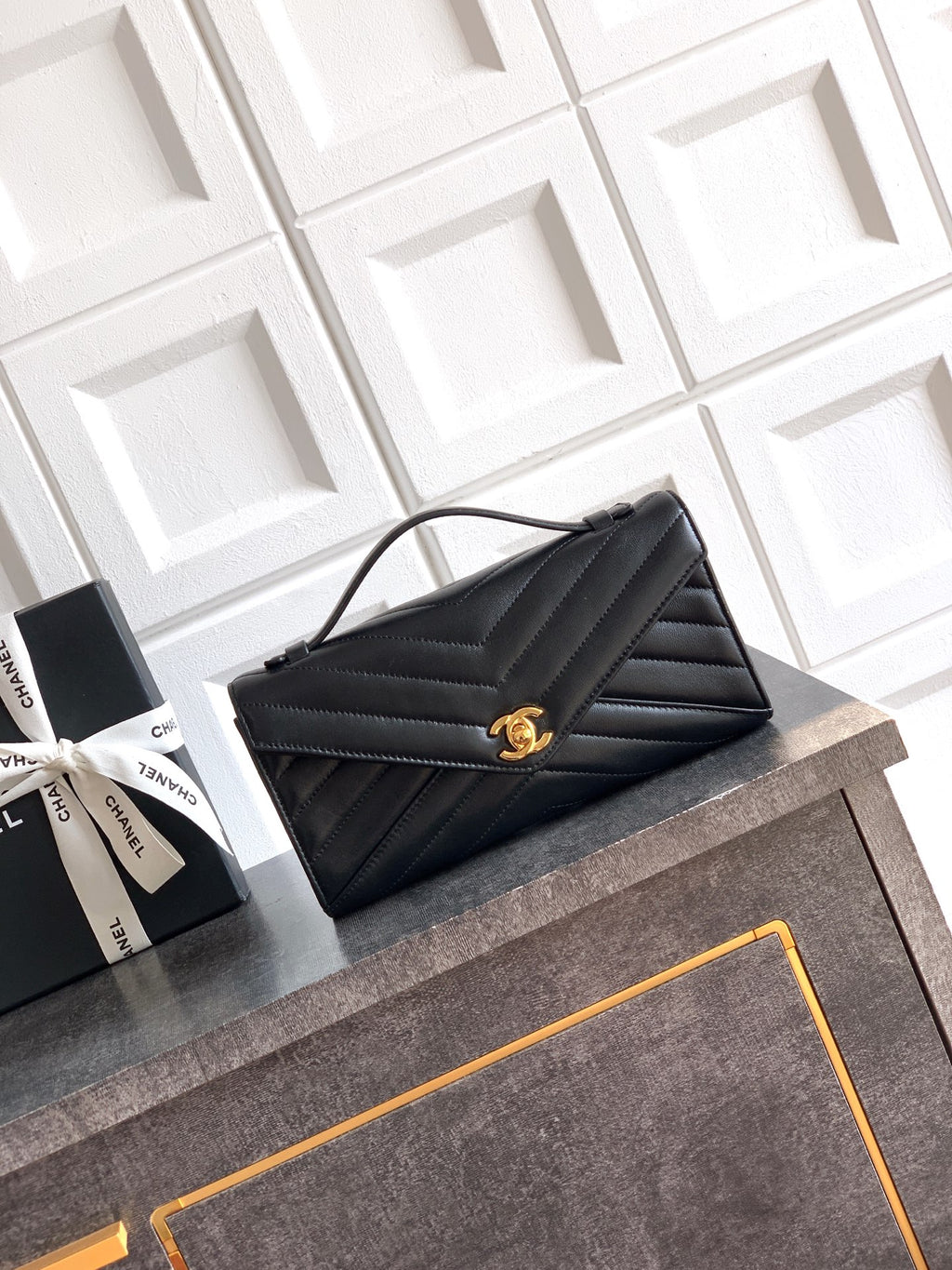 Chanel 26X Black Lambskin Woven Clutch Bag