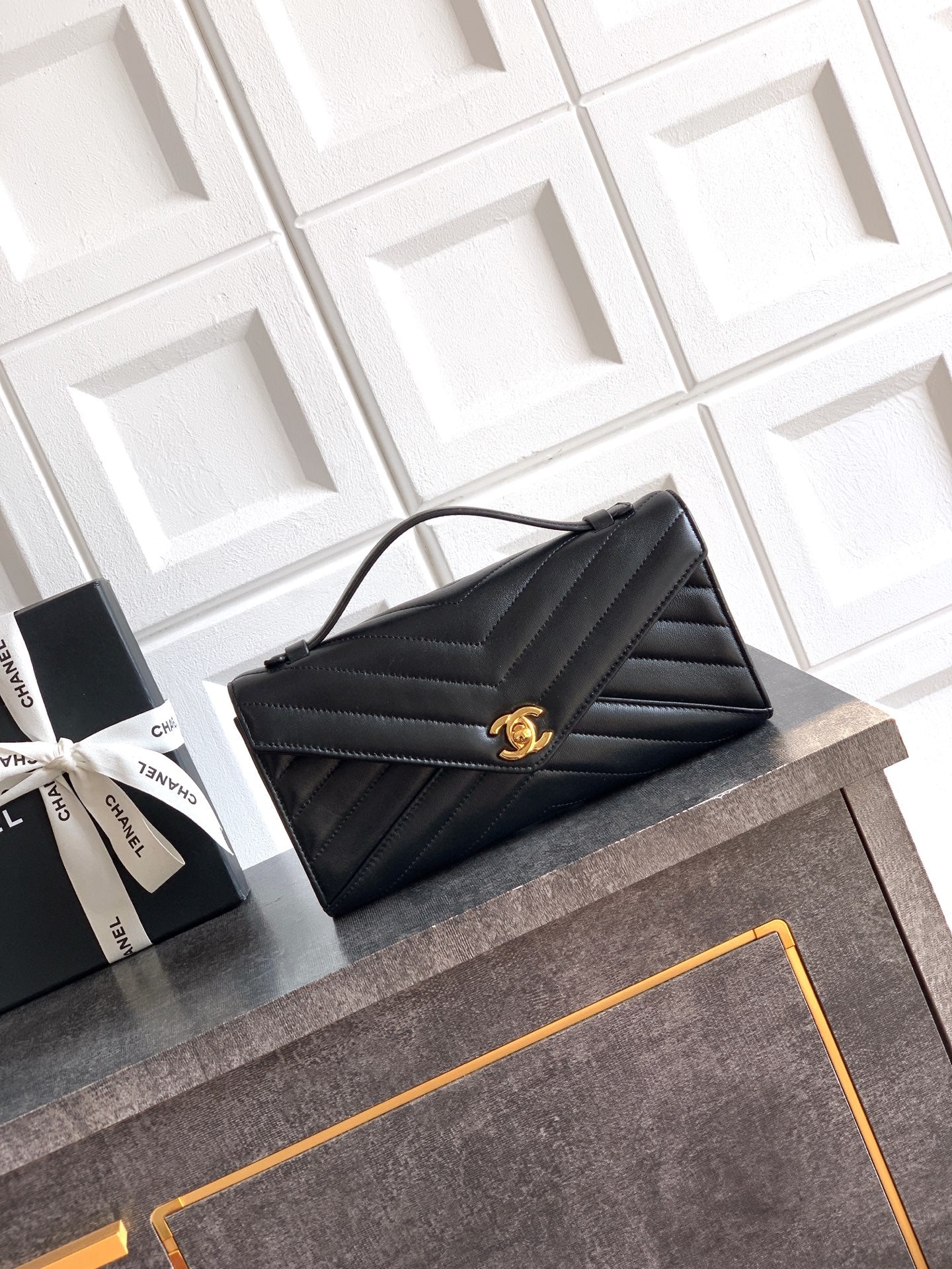 Chanel 26X Black Lambskin Woven Clutch Bag