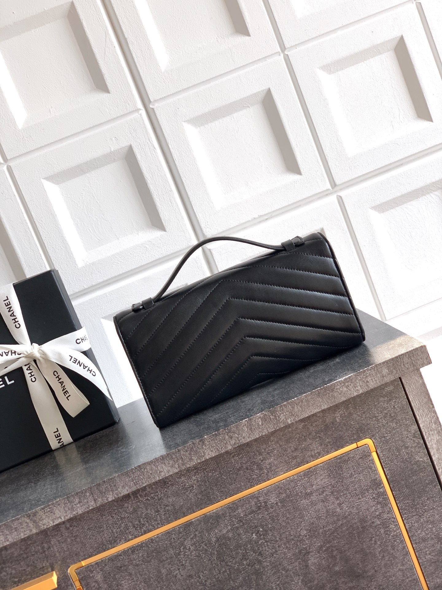 Chanel 26X Black Lambskin Woven Clutch Bag