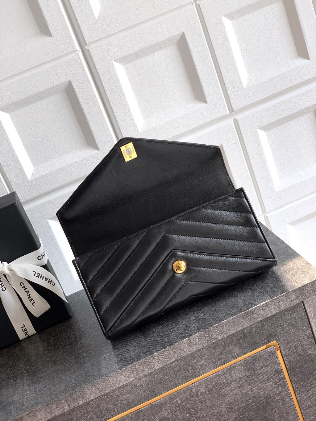 Chanel 26X Black Lambskin Woven Clutch Bag