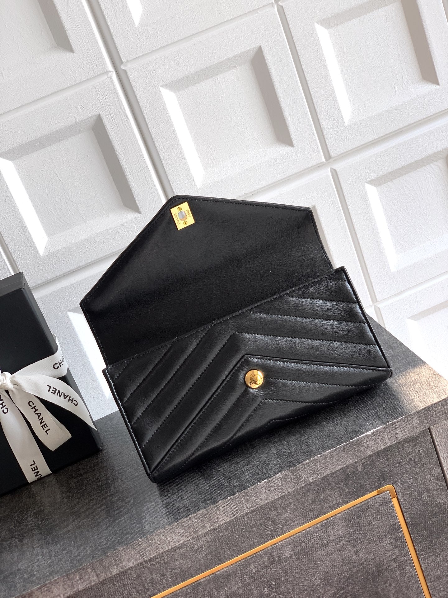 Chanel 26X Black Lambskin Woven Clutch Bag