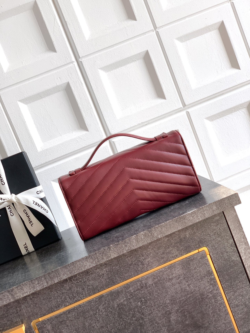 Chanel 26X Burgundy Lambskin Woven Clutch Bag
