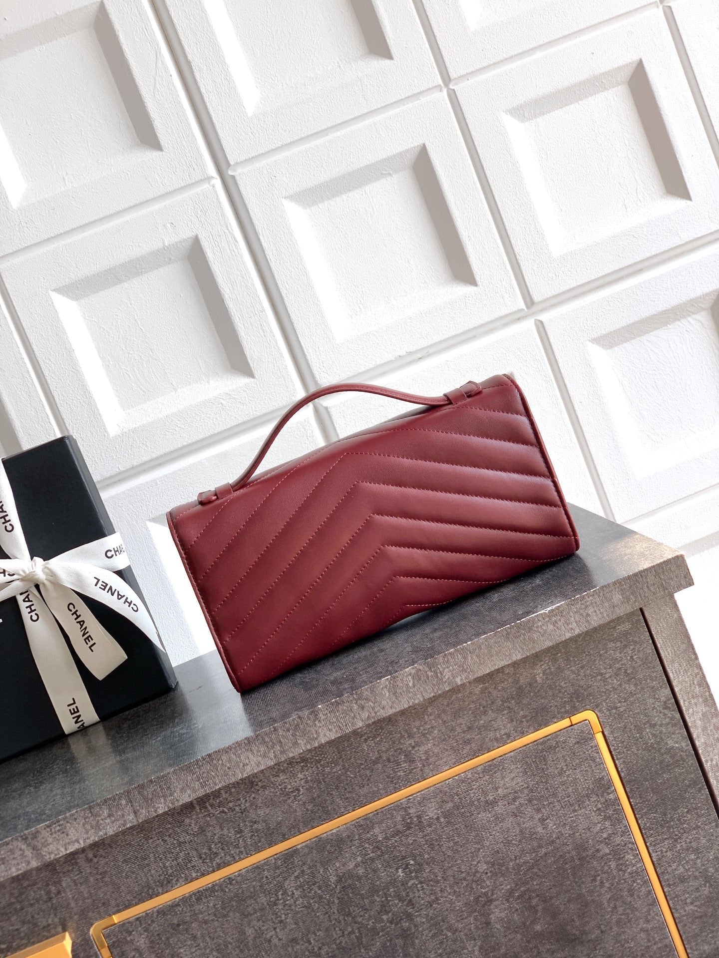Chanel 26X Burgundy Lambskin Woven Clutch Bag