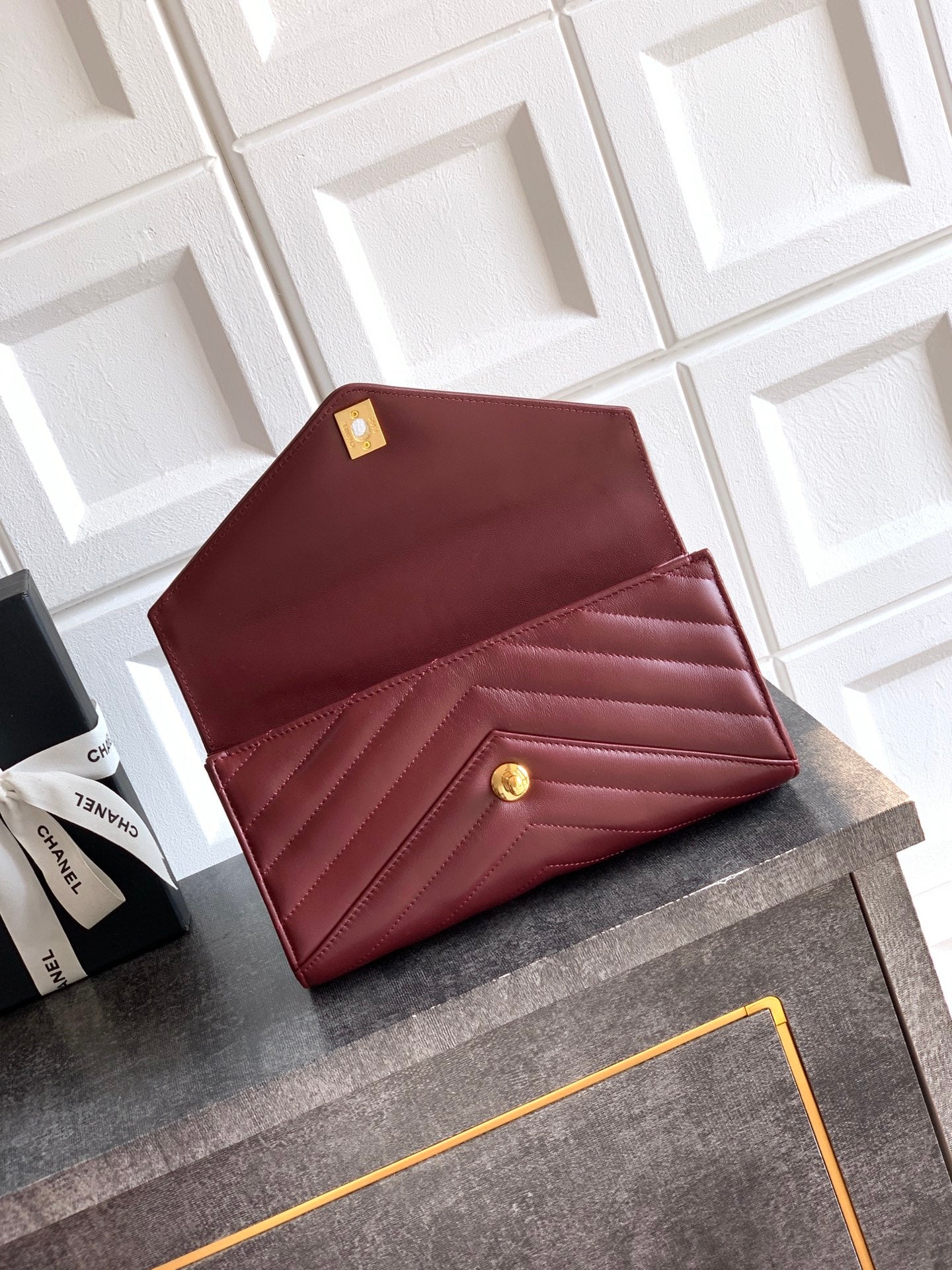 Chanel 26X Burgundy Lambskin Woven Clutch Bag