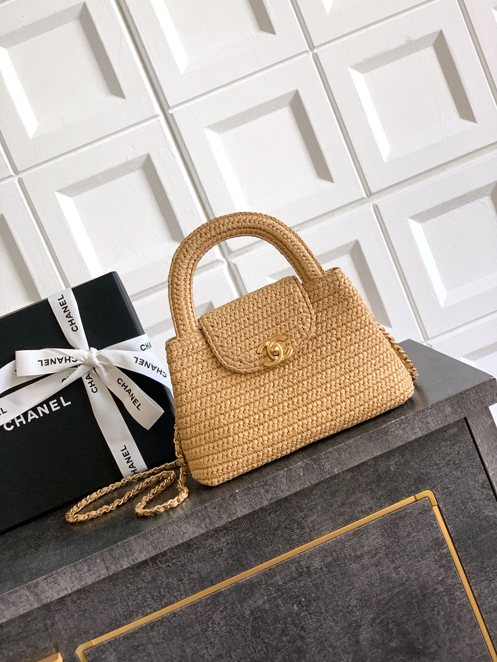 Chanel 26C Kelly Bag — Natural Raffia Woven with Gold Hardware