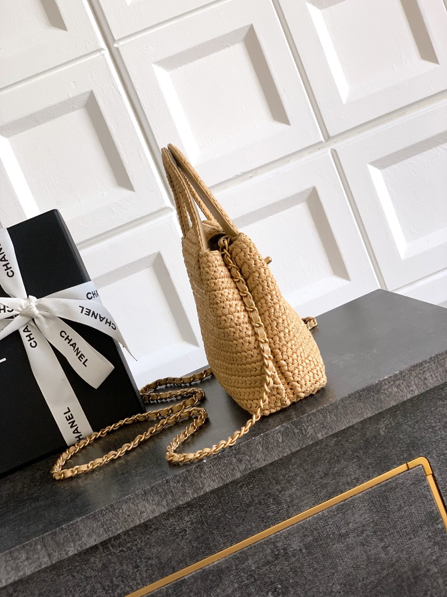 Chanel 26C Kelly Bag — Natural Raffia Woven with Gold Hardware