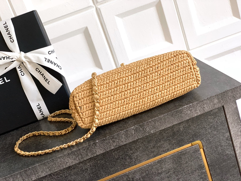 Chanel 26C Kelly Bag — Natural Raffia Woven with Gold Hardware