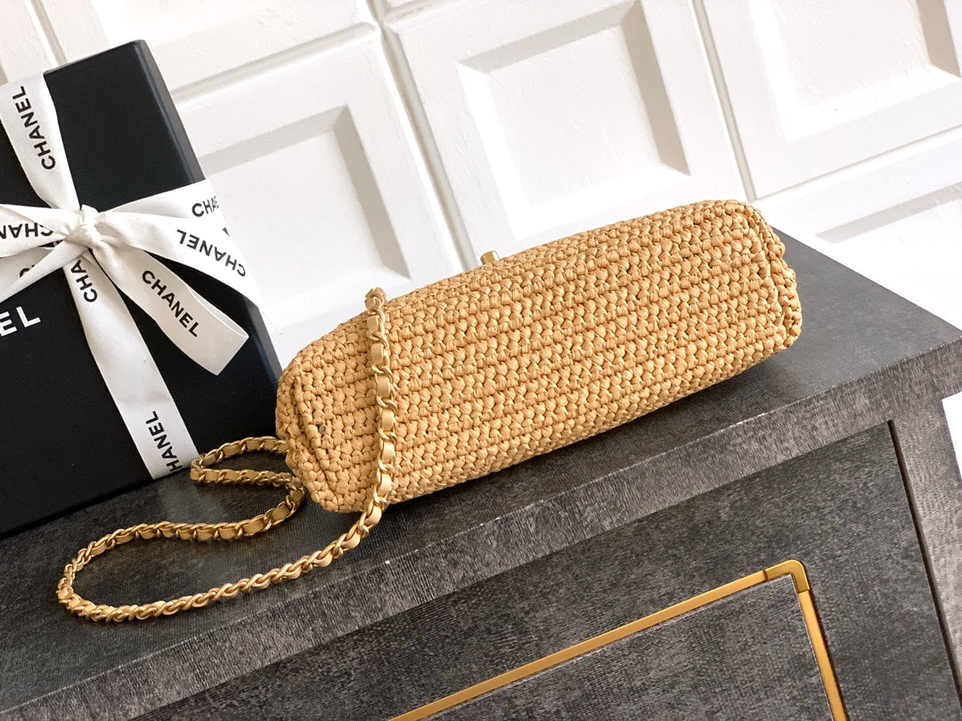 Chanel 26C Kelly Bag — Natural Raffia Woven with Gold Hardware