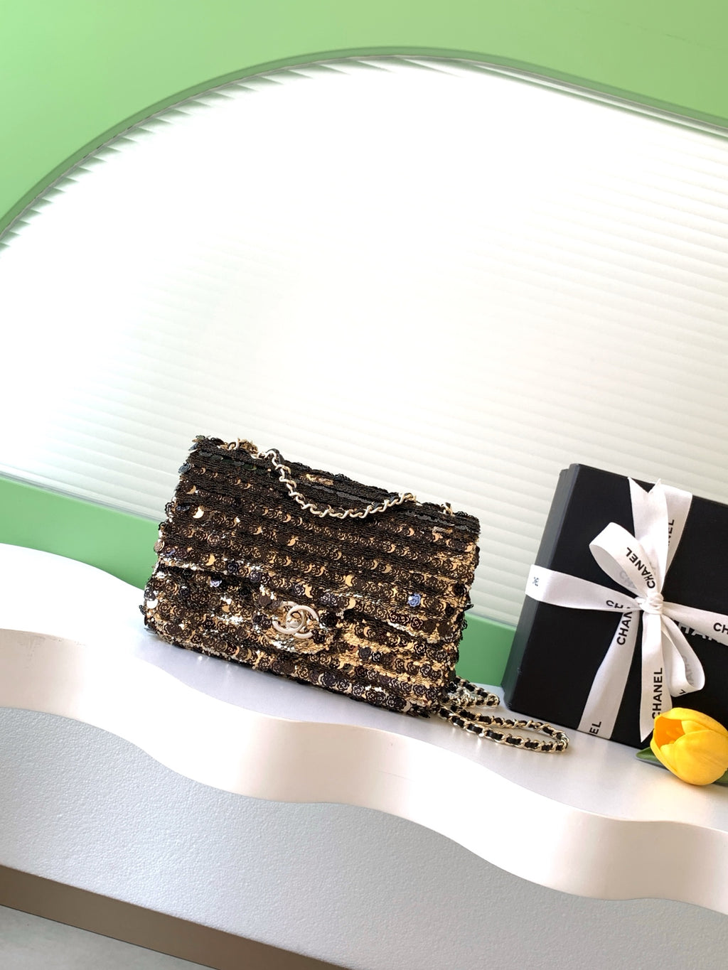 Chanel 26C Classic Flap Camellia Sequin Black Gold Mini