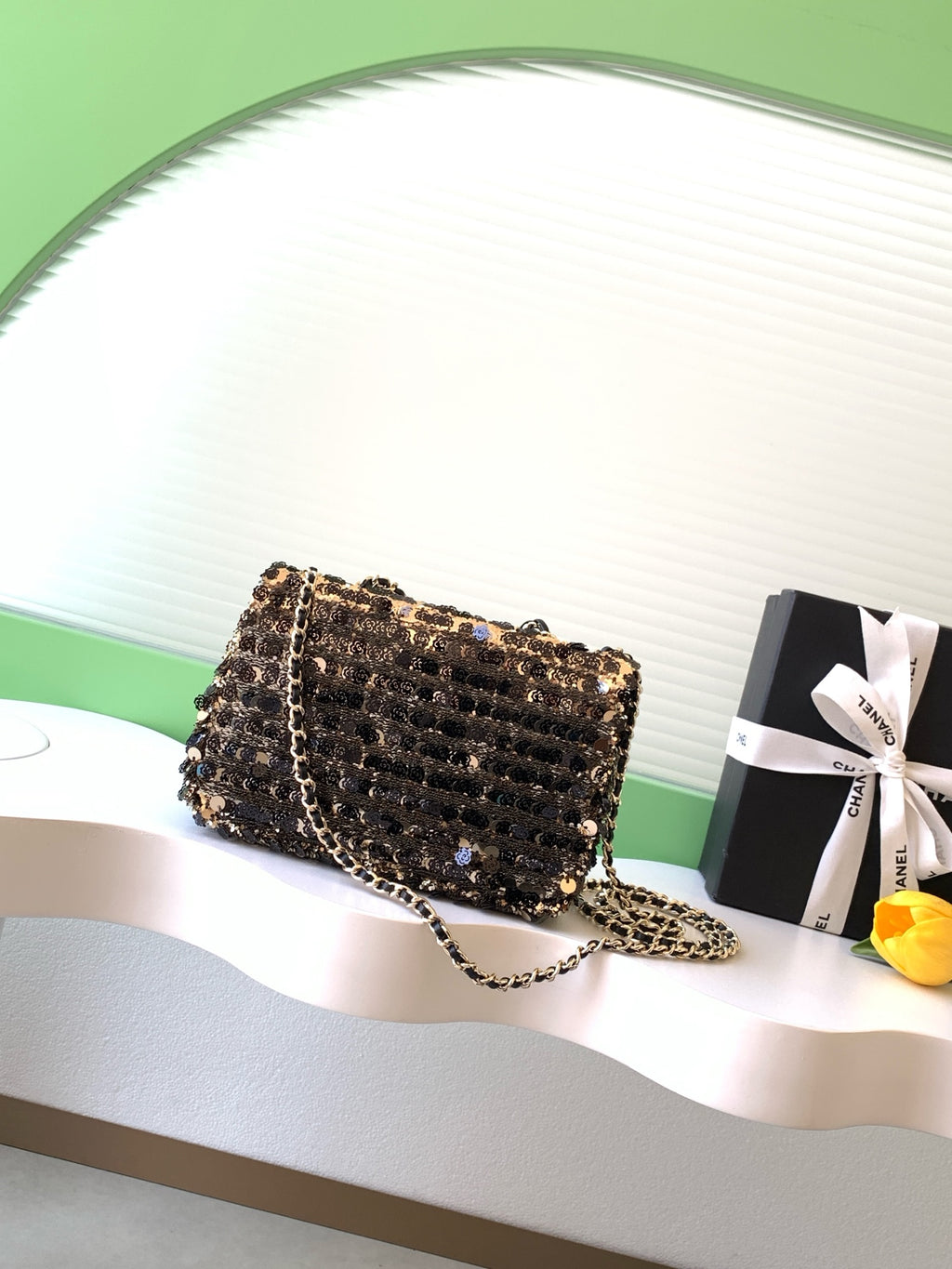 Chanel 26C Classic Flap Camellia Sequin Black Gold Mini