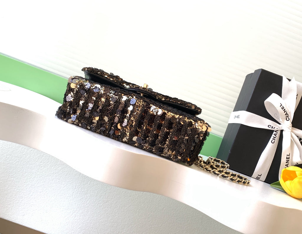 Chanel 26C Classic Flap Camellia Sequin Black Gold Mini