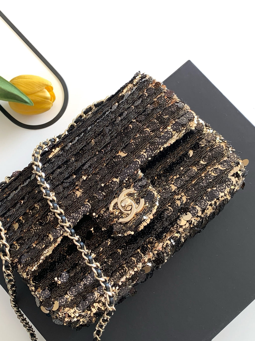 Chanel 26C Classic Flap Camellia Sequin Black Gold Mini