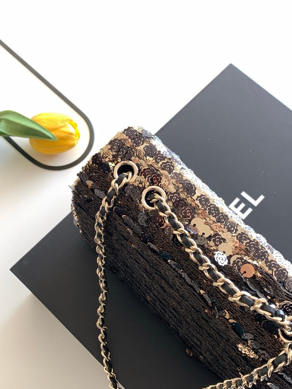 Chanel 26C Classic Flap Camellia Sequin Black Gold Mini