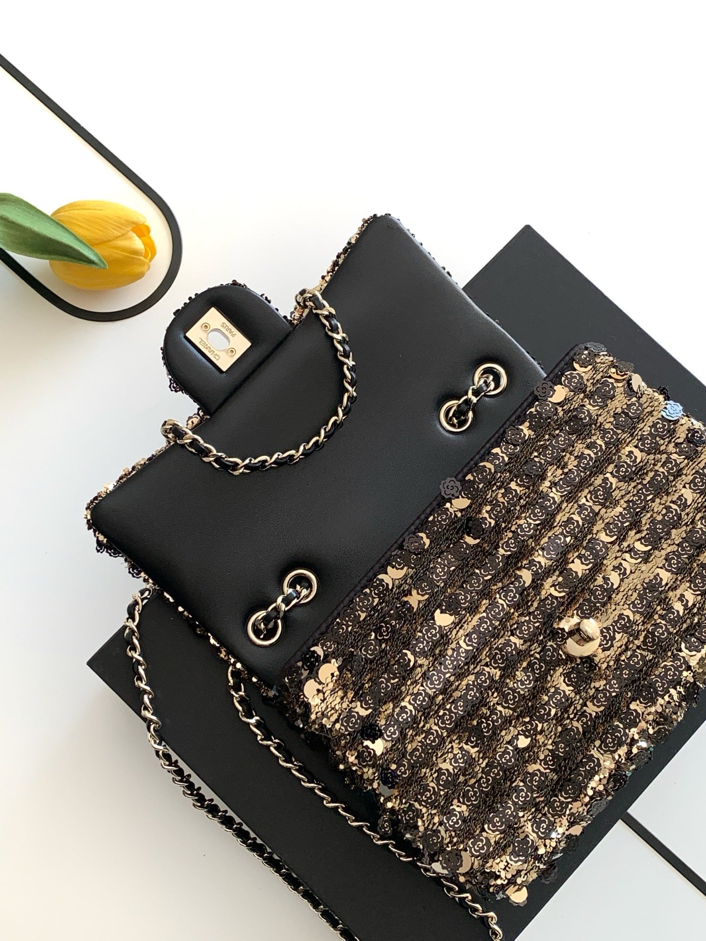 Chanel 26C Classic Flap Camellia Sequin Black Gold Mini