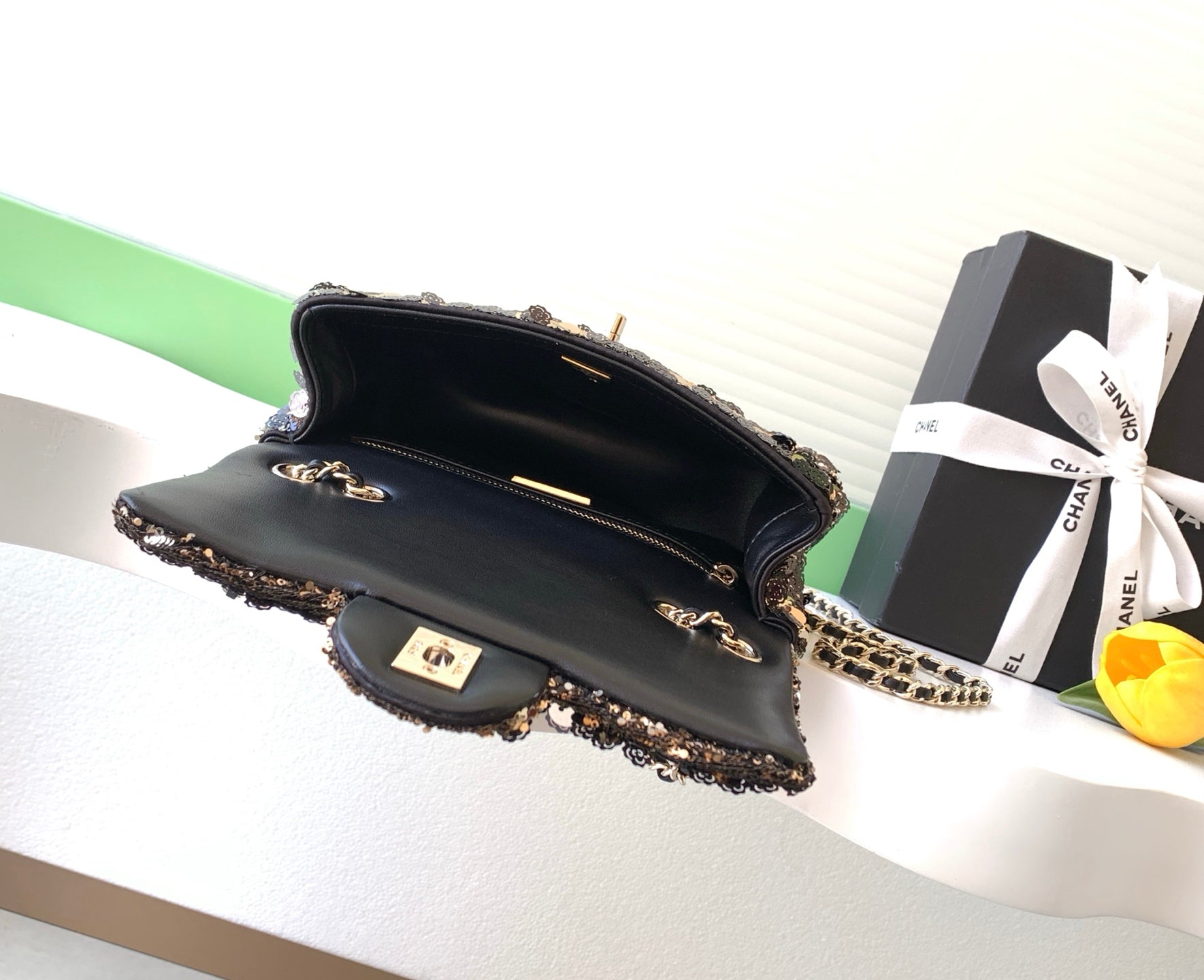 Chanel 26C Classic Flap Camellia Sequin Black Gold Mini