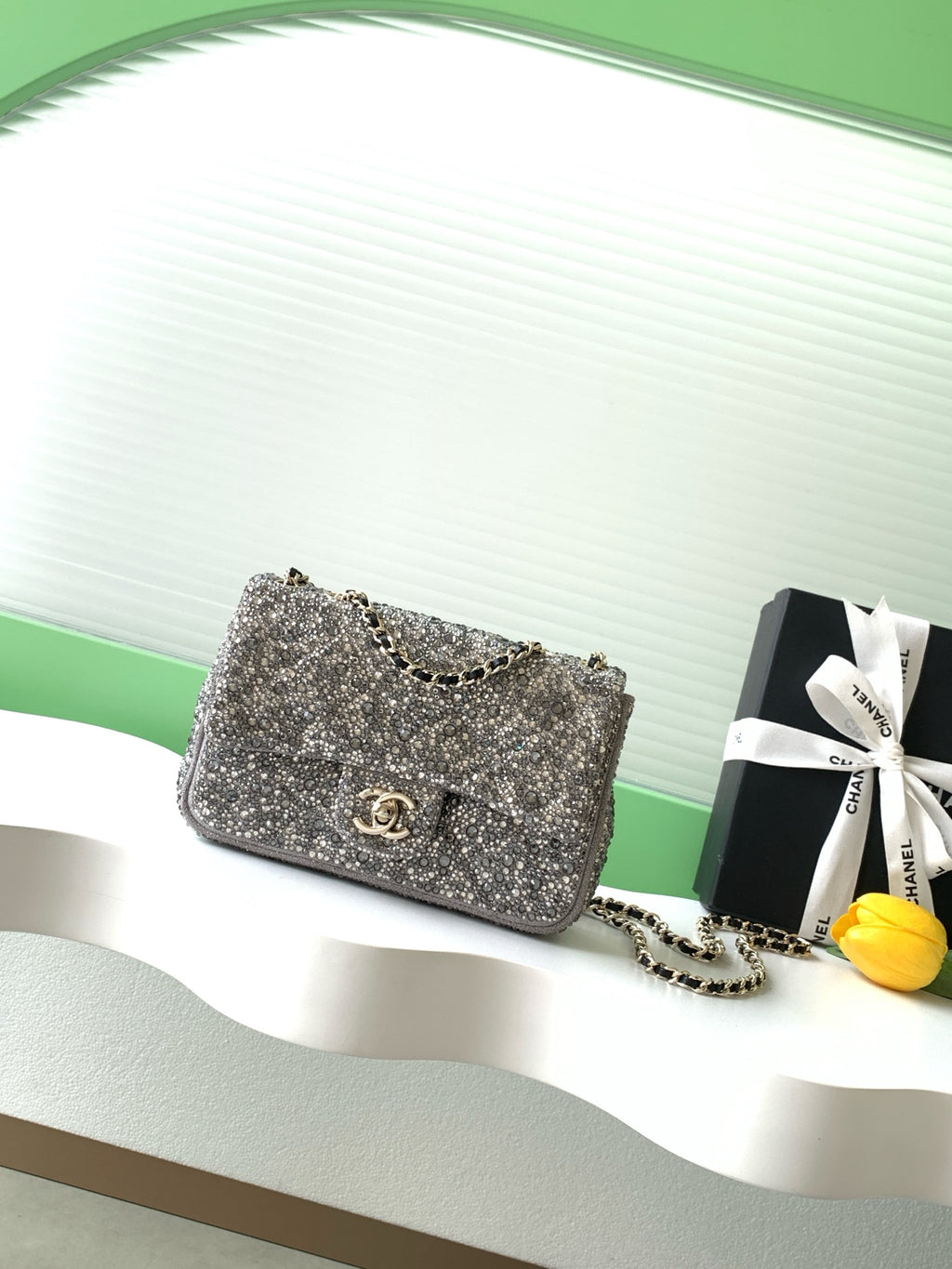 Chanel 26C Sac Du Soir Crystal Evening Bag Dark Grey Mini