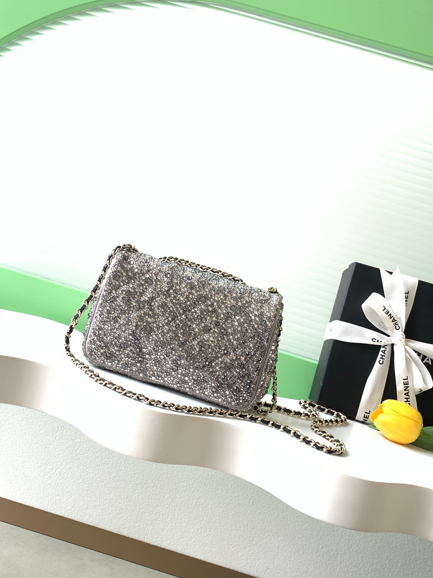 Chanel 26C Sac Du Soir Crystal Evening Bag Dark Grey Mini