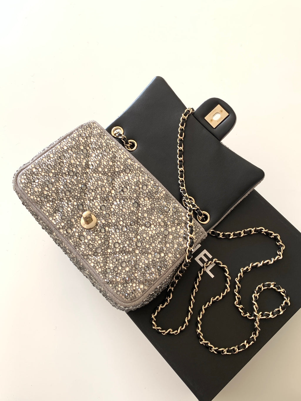 Chanel 26C Sac Du Soir Crystal Evening Bag Dark Grey Mini