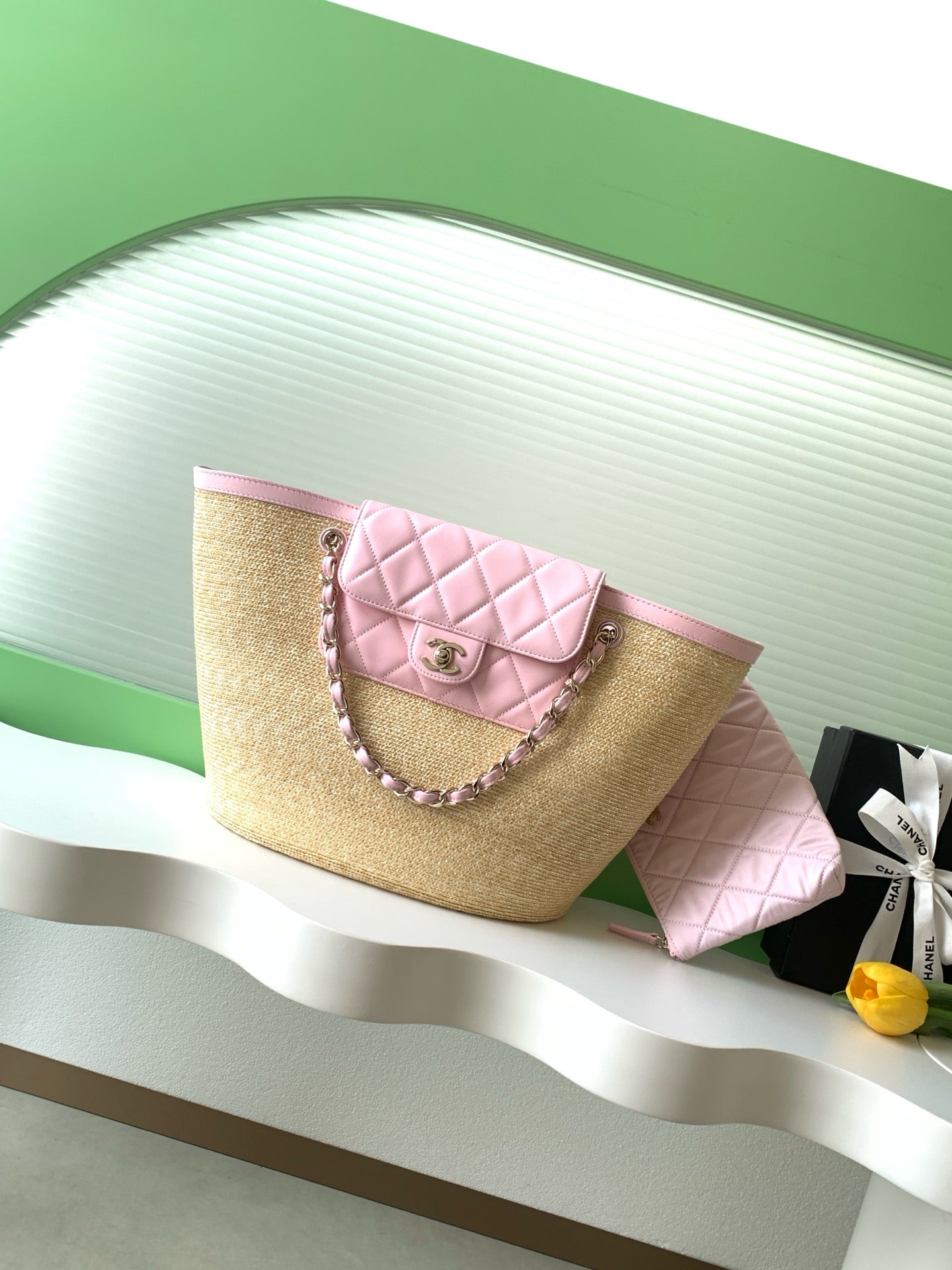 Chanel 26C Raffia Basket Bag Pink Lambskin