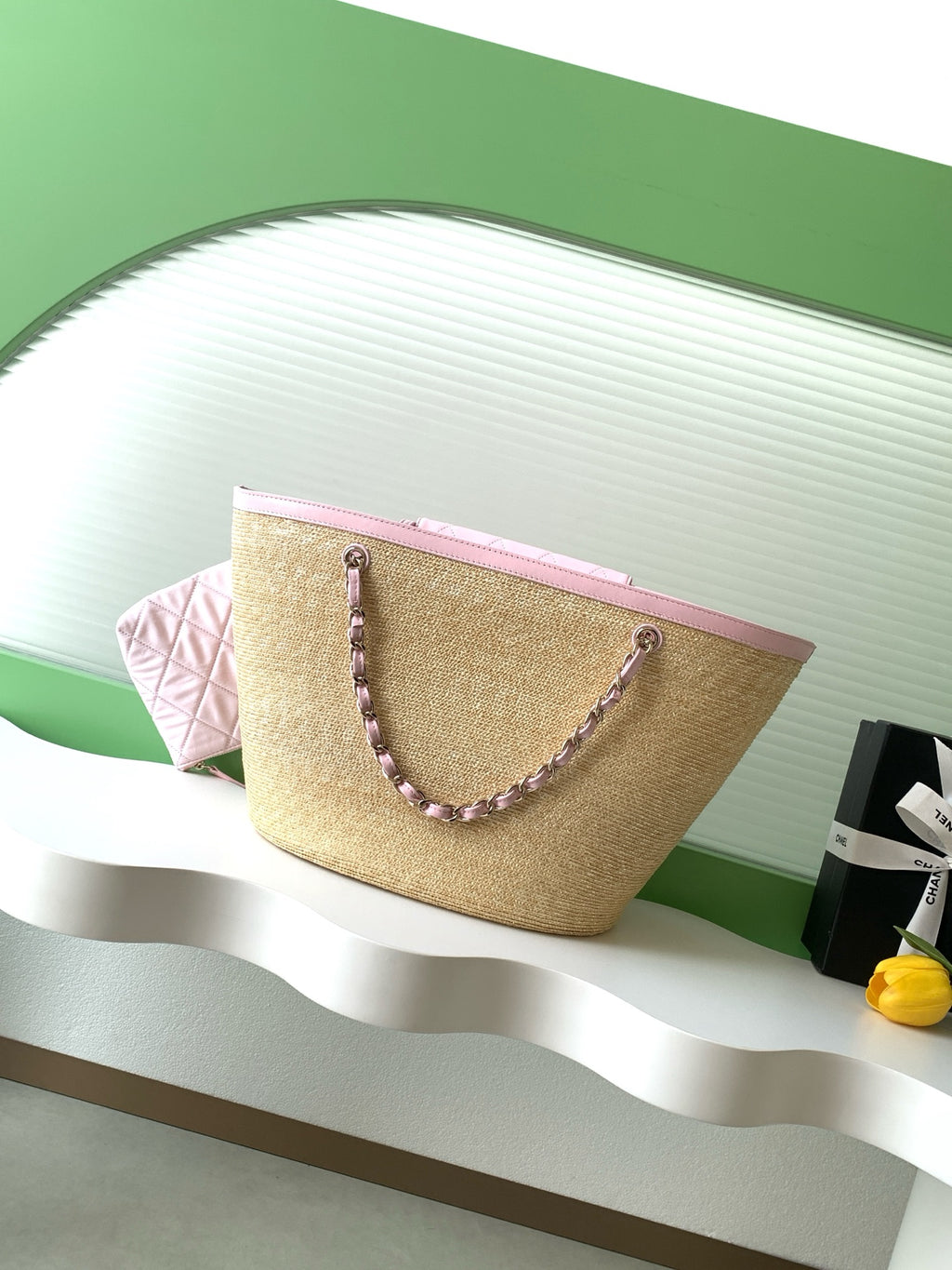 Chanel 26C Raffia Basket Bag Pink Lambskin