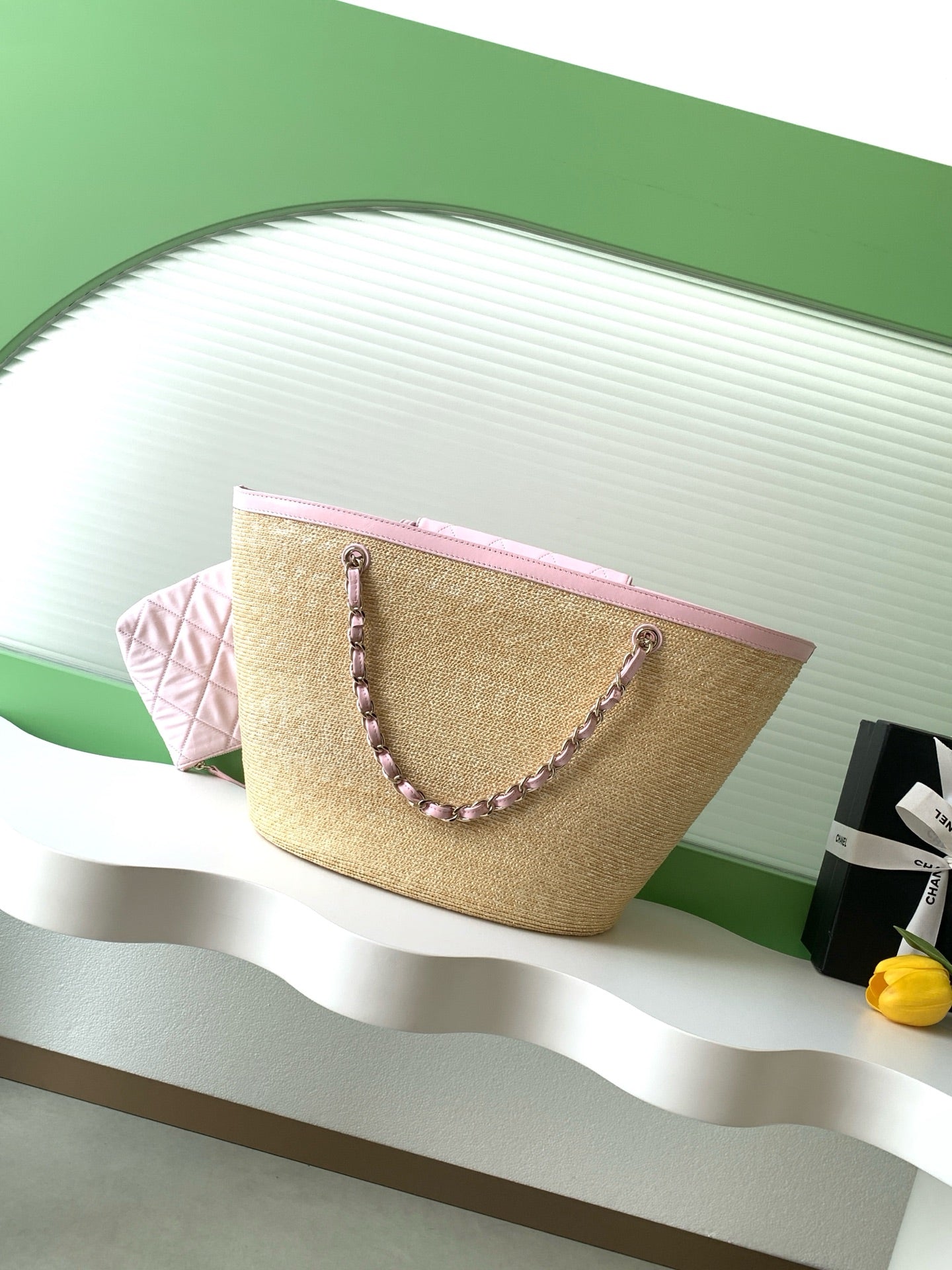 Chanel 26C Raffia Basket Bag Pink Lambskin
