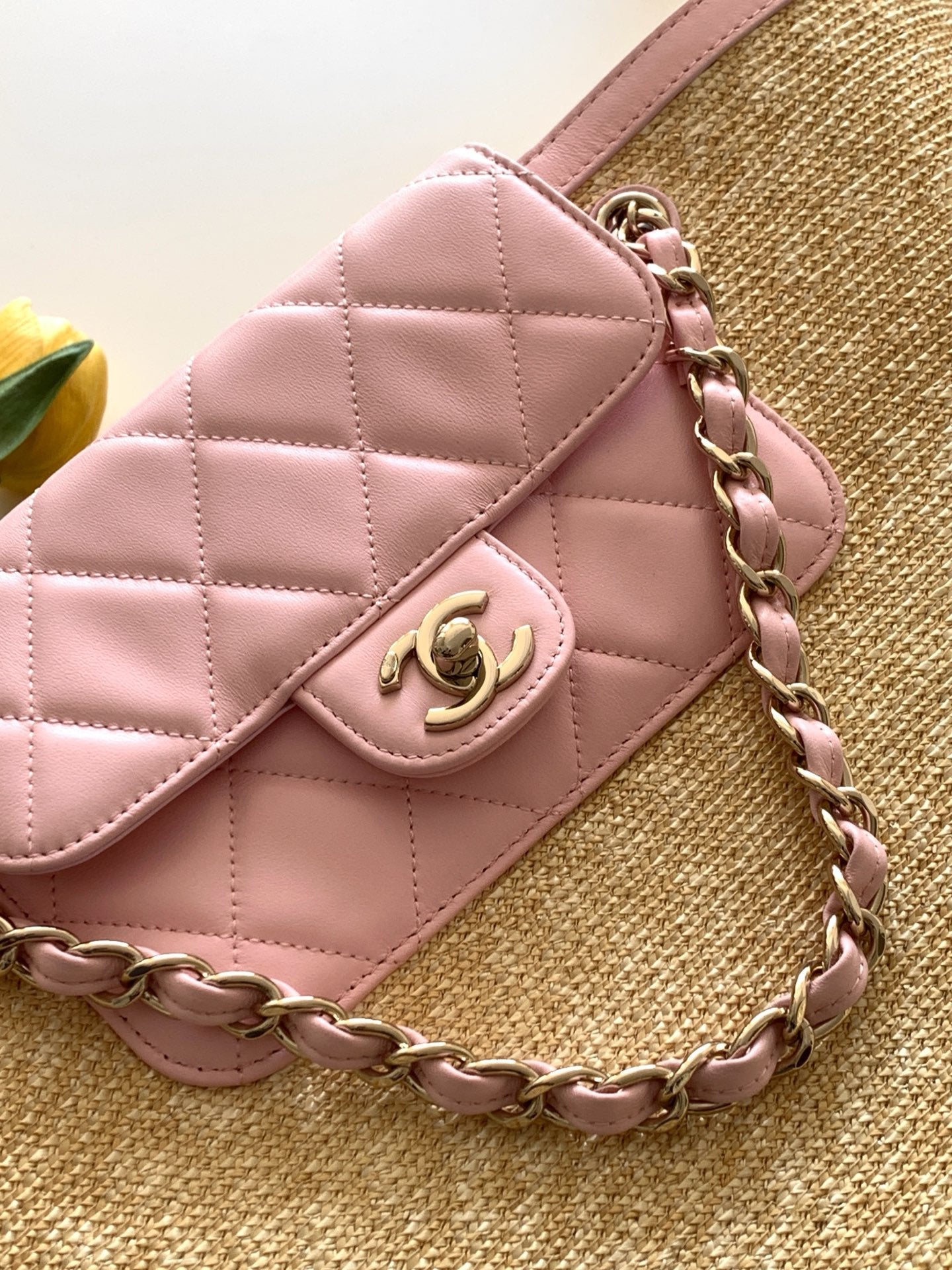 Chanel 26C Raffia Basket Bag Pink Lambskin