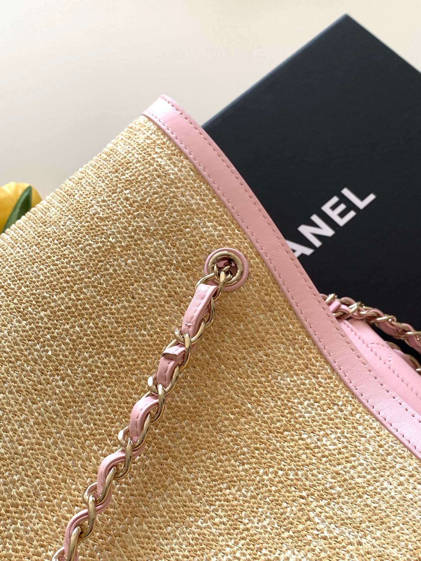Chanel 26C Raffia Basket Bag Pink Lambskin