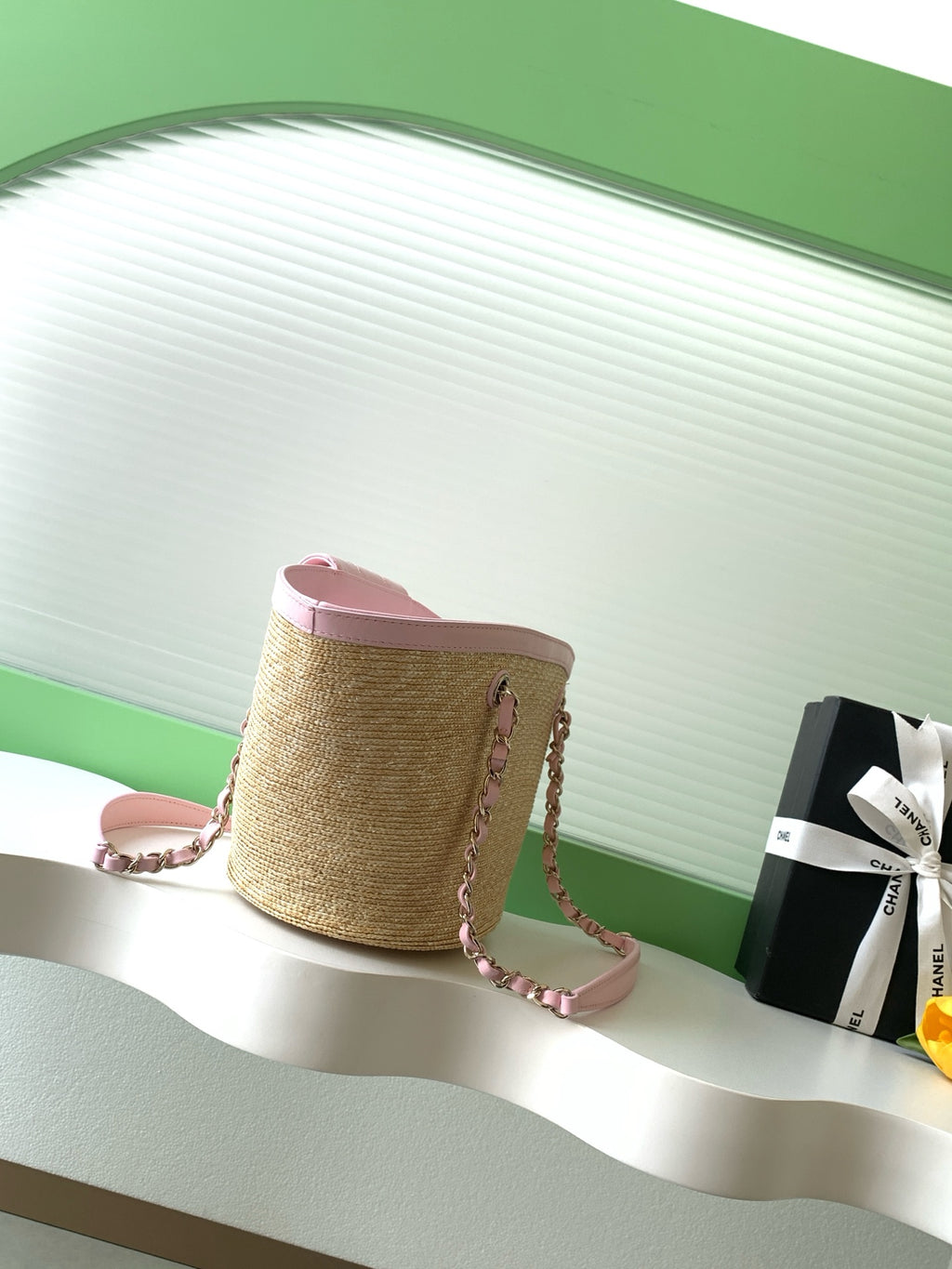 Chanel 26C Raffia Basket Bag Pink Lambskin Small
