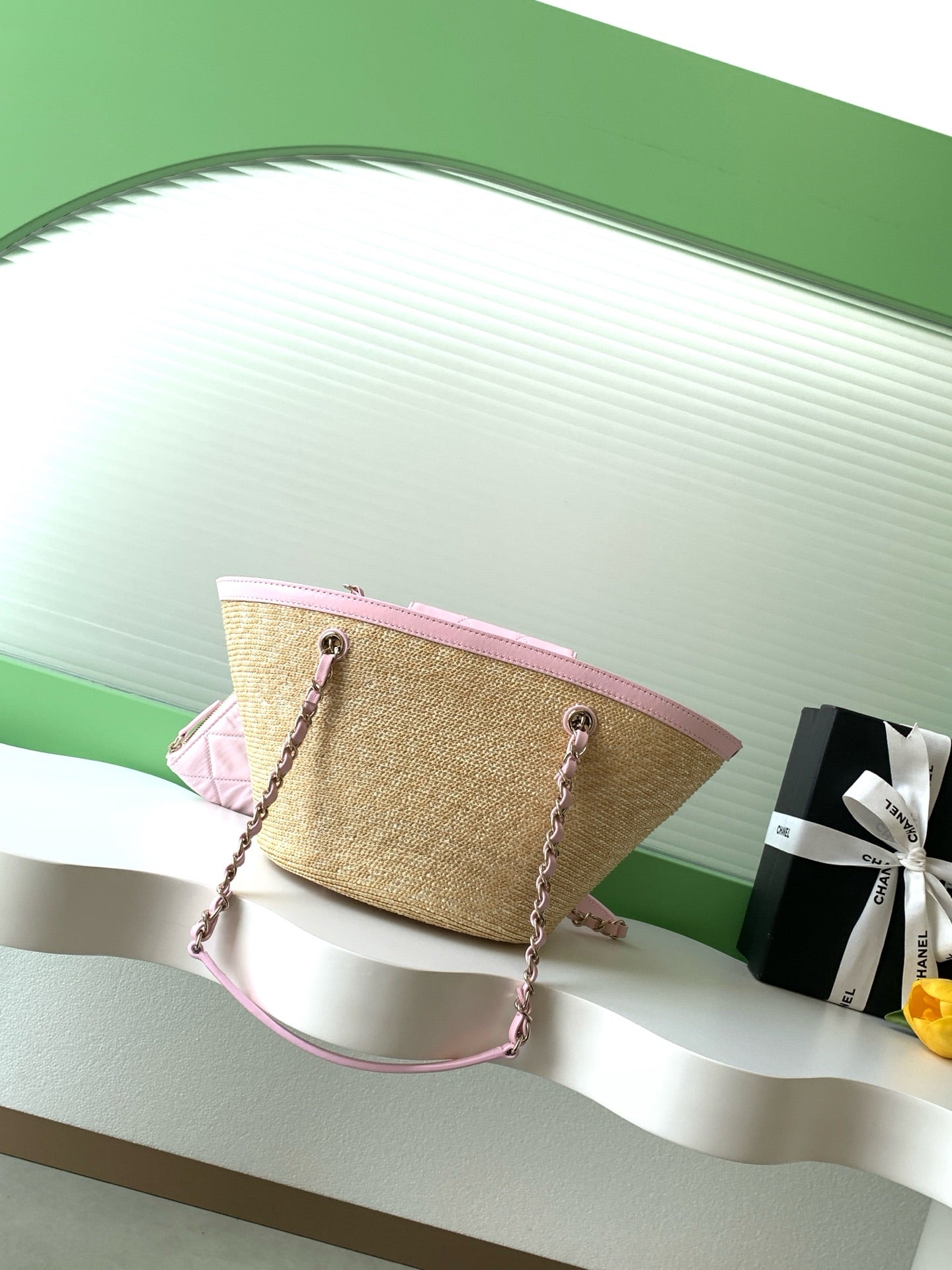 Chanel 26C Raffia Basket Bag Pink Lambskin Small