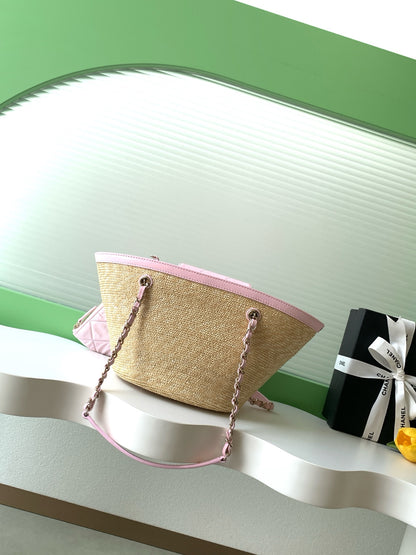 Chanel 26C Raffia Basket Bag Pink Lambskin Small