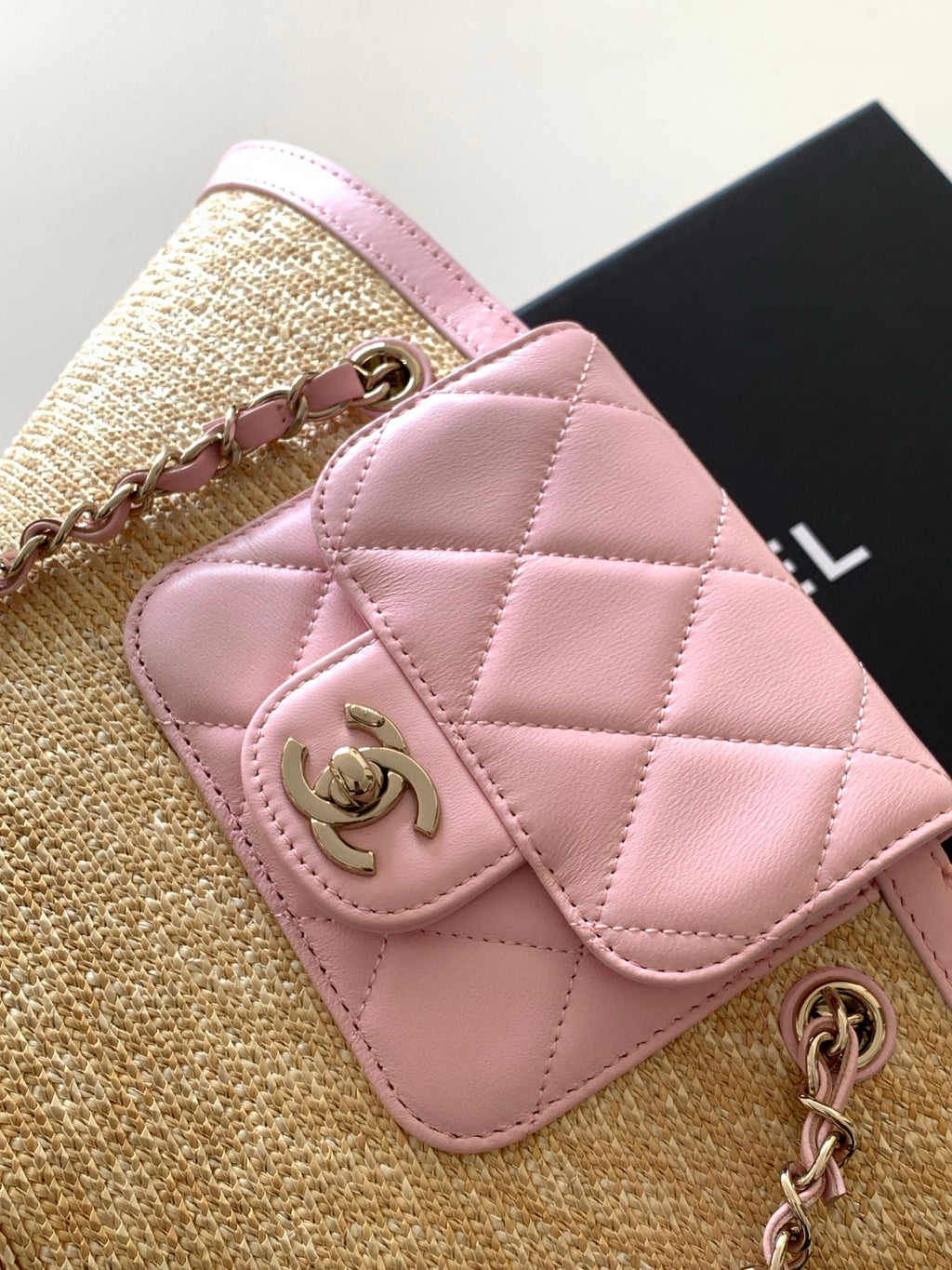 Chanel 26C Raffia Basket Bag Pink Lambskin Small