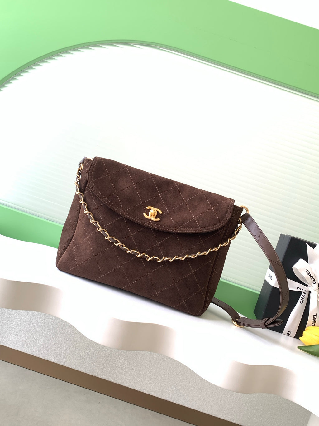 Chanel 26C Suede Messenger Bag Dark Brown