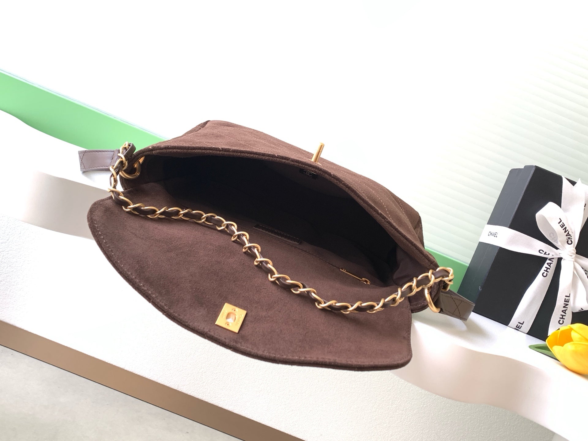 Chanel 26C Suede Messenger Bag Dark Brown