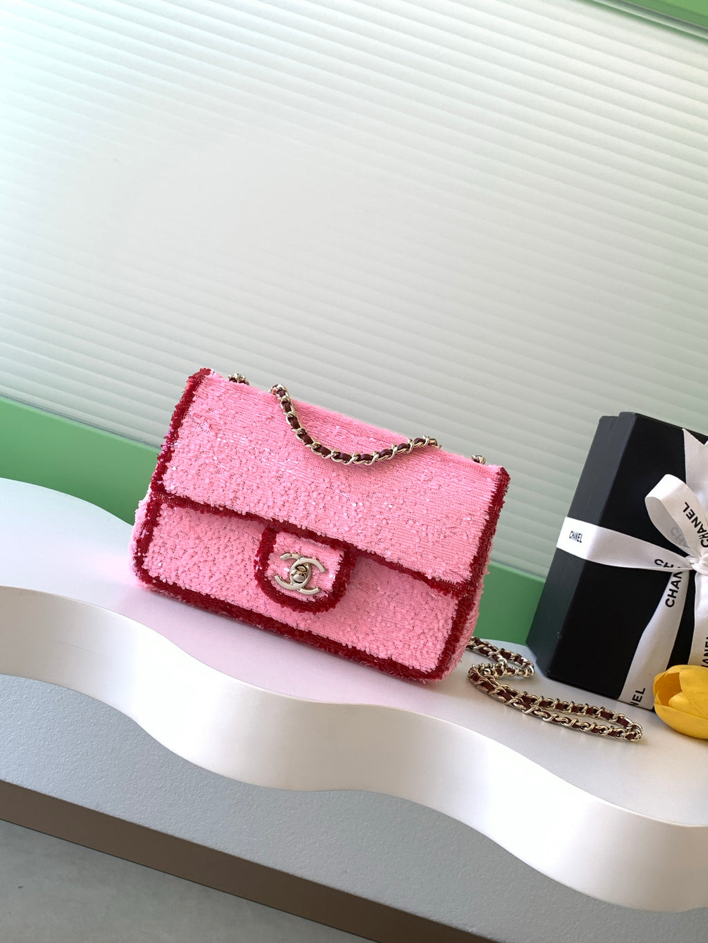 Chanel 26C Classic Flap Tweed Pink Red Mini