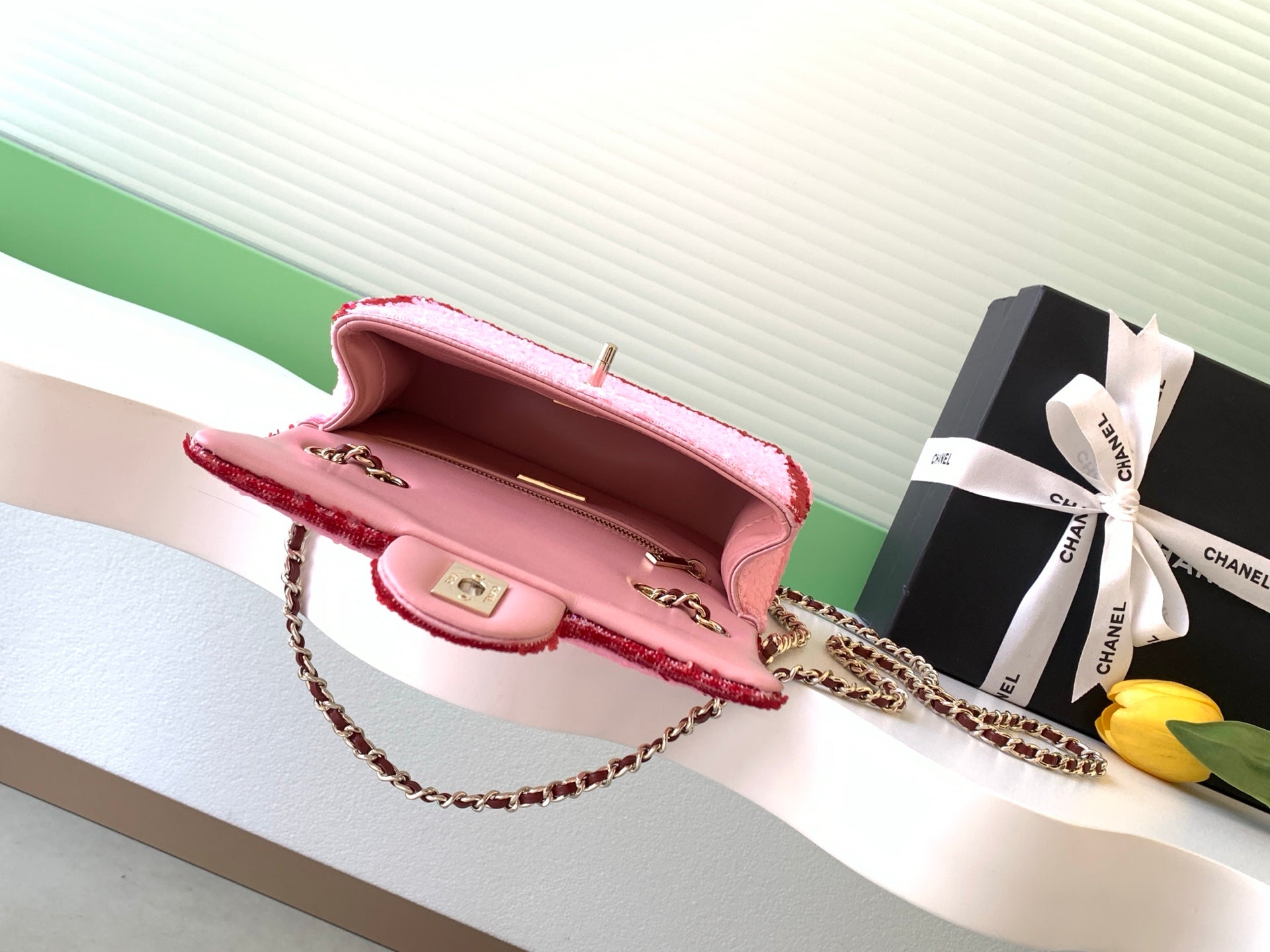 Chanel 26C Classic Flap Tweed Pink Red Mini