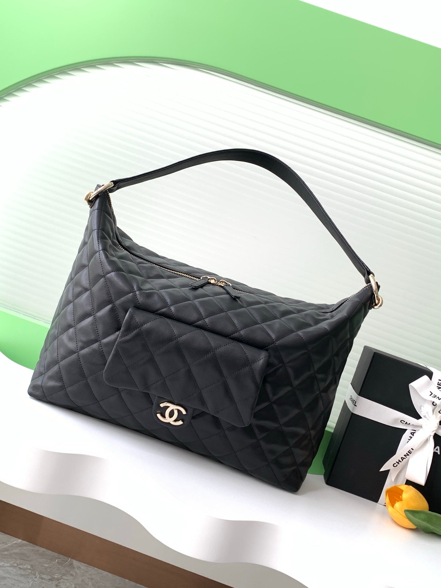 Chanel 23B Black Quilted Leather Large Hobo Bag with Front Flap Pouch GHW