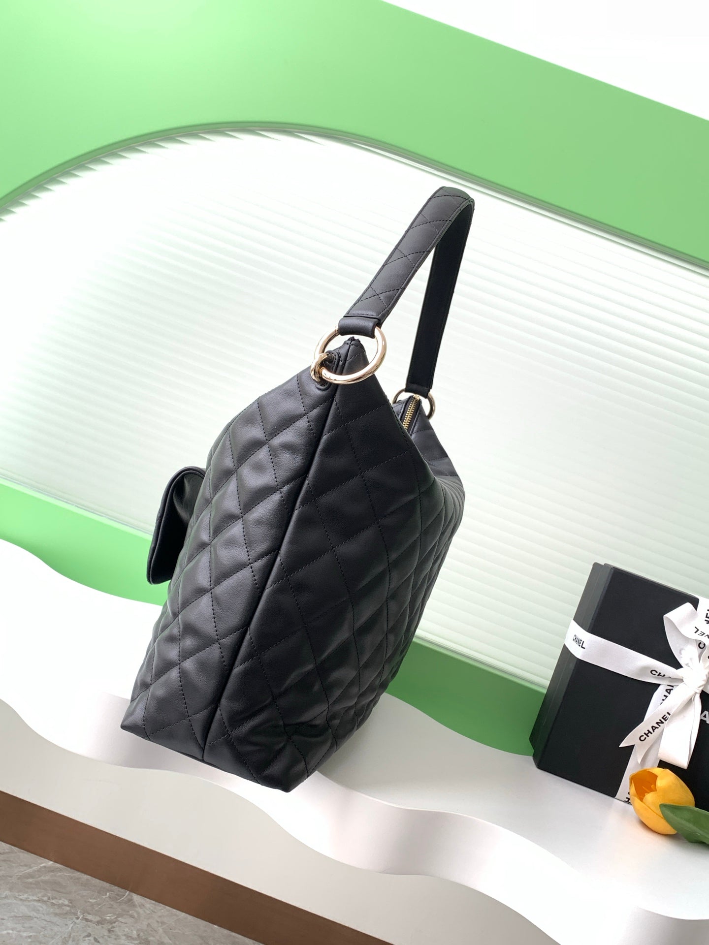 Chanel 23B Black Quilted Leather Large Hobo Bag with Front Flap Pouch GHW
