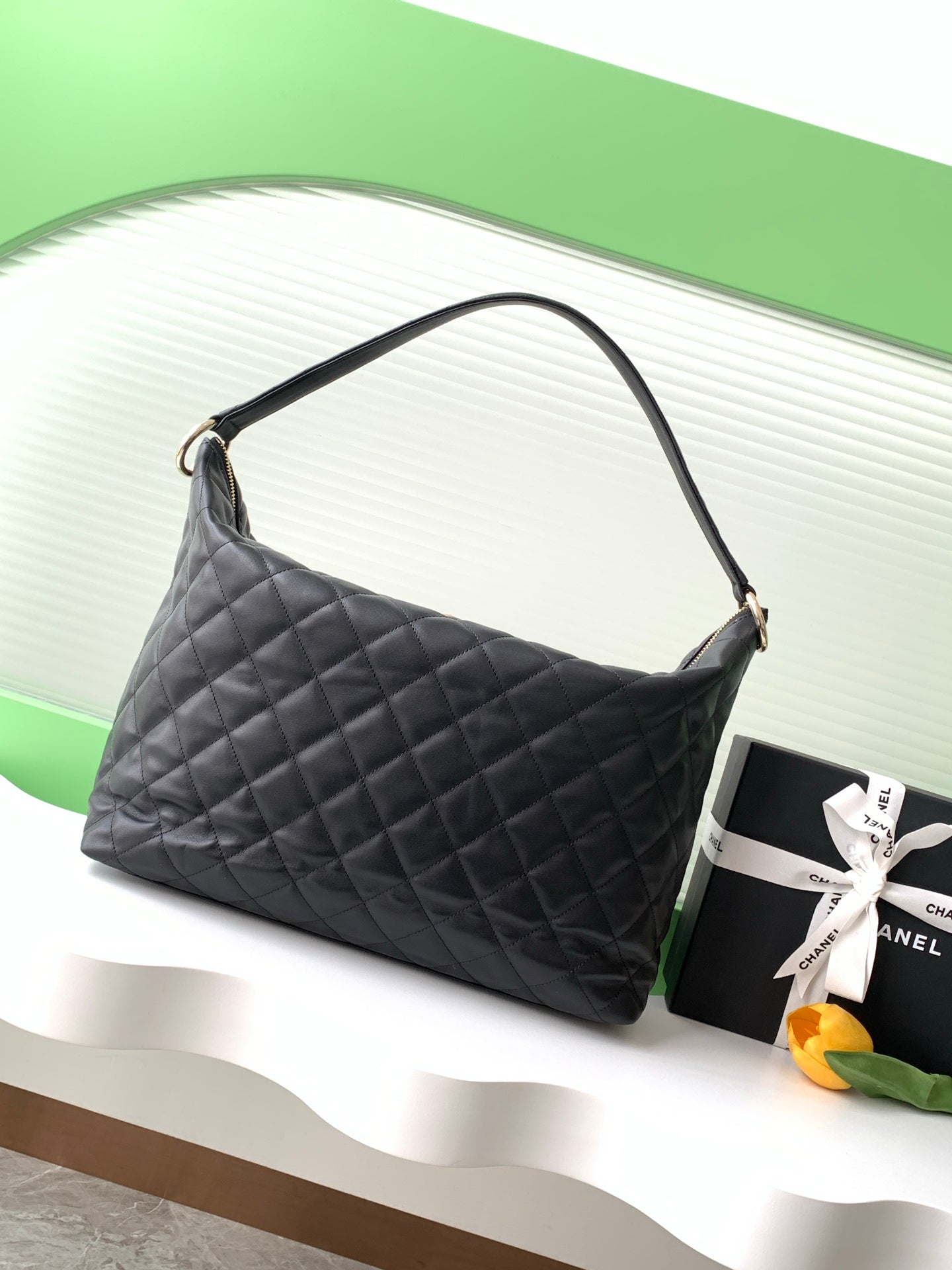 Chanel 23B Black Quilted Leather Large Hobo Bag with Front Flap Pouch GHW