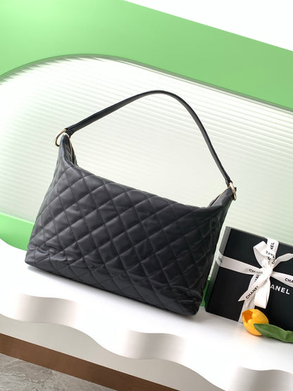 Chanel 23B Black Quilted Leather Large Hobo Bag with Front Flap Pouch GHW