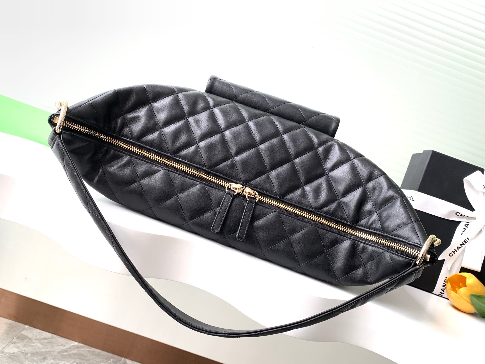 Chanel 23B Black Quilted Leather Large Hobo Bag with Front Flap Pouch GHW