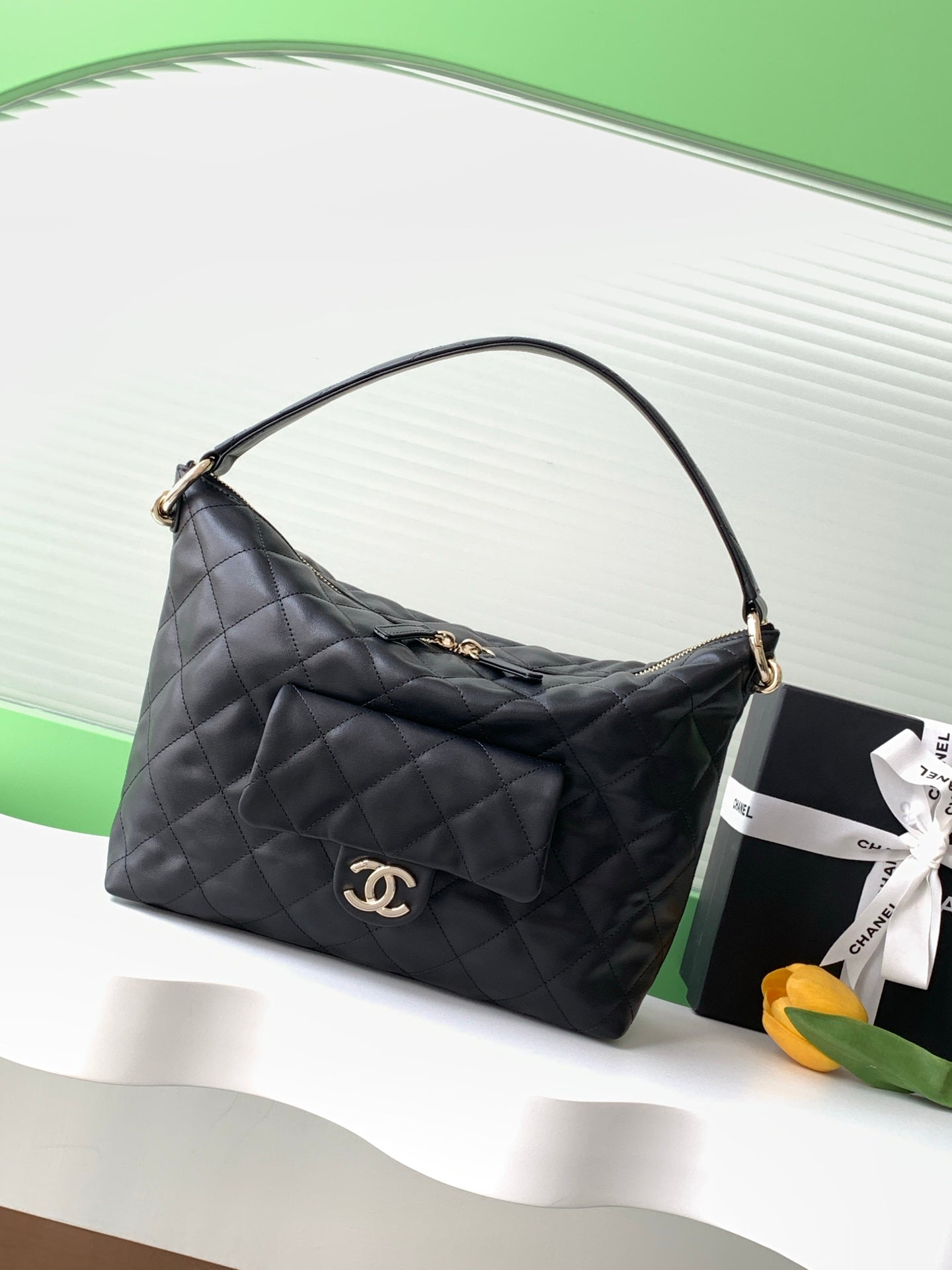 Chanel 23B Hippie Hobo Bag Black Calfskin Small