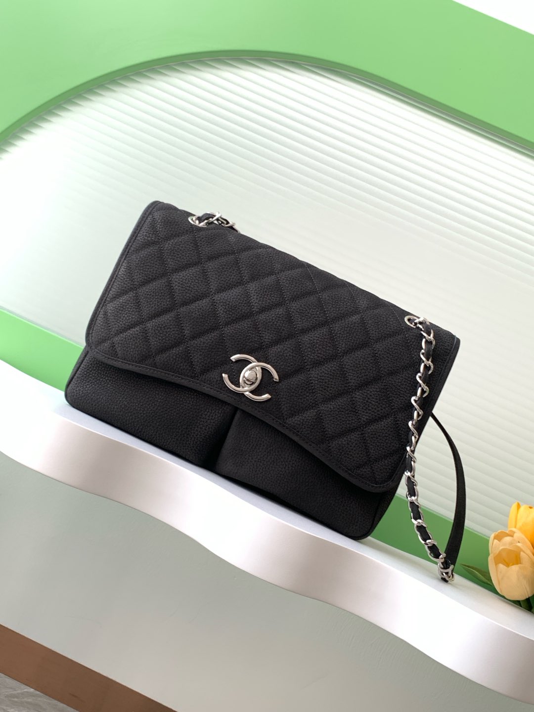 Chanel Vintage Double Pocket Flap Bag Black Silver