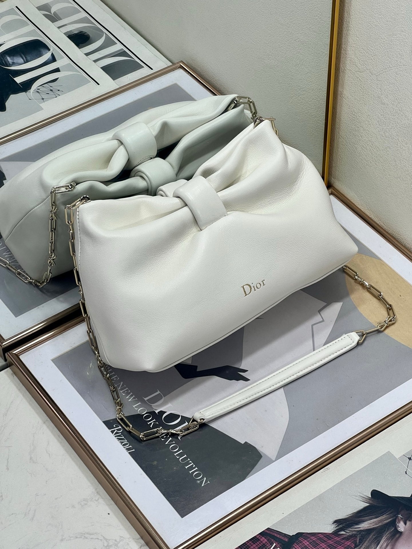 Dior White Leather Bow Chain Shoulder Bag with Gold Hardware