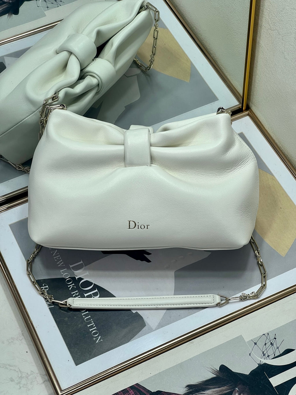 Dior White Leather Bow Chain Shoulder Bag with Gold Hardware