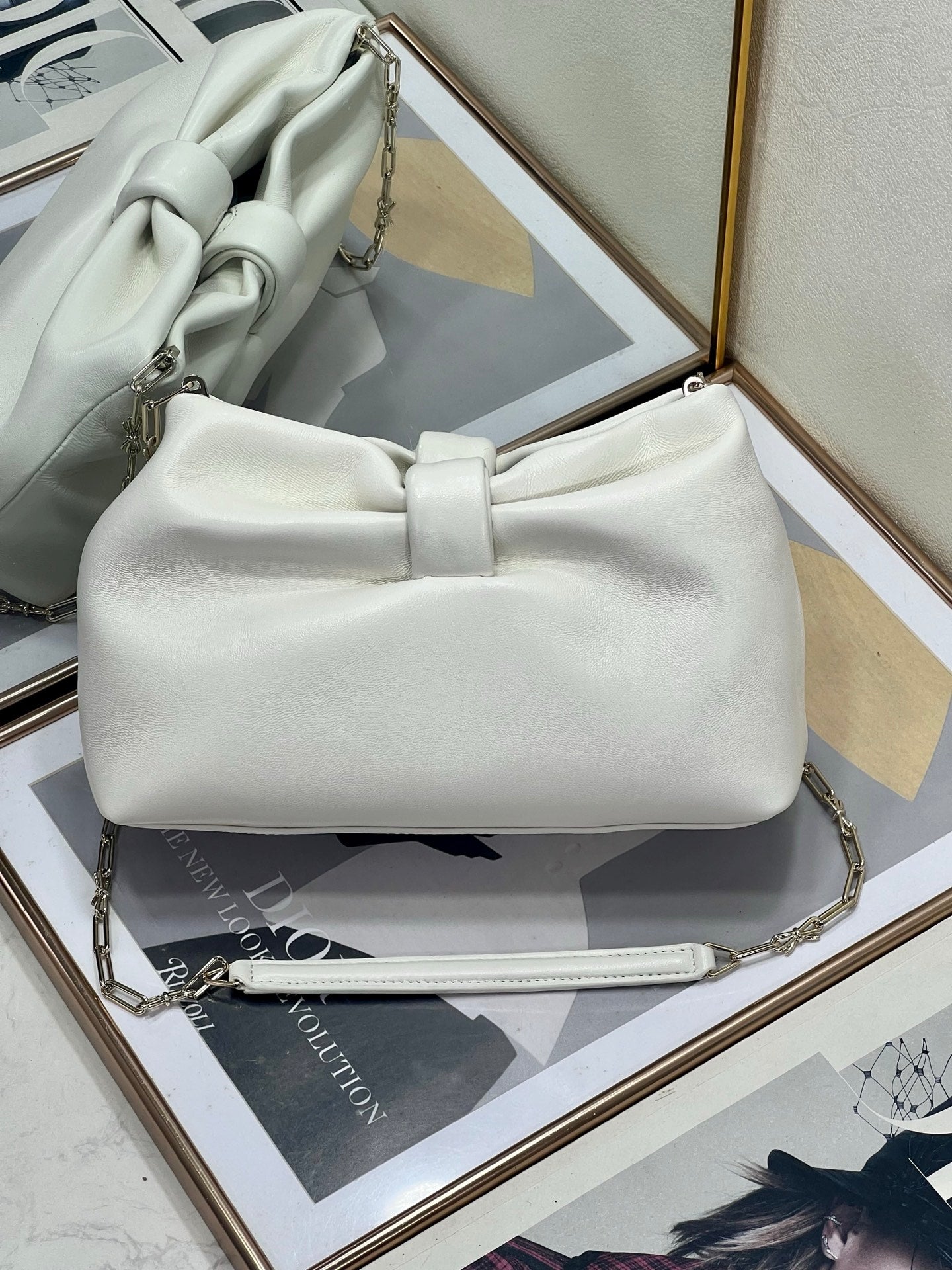 Dior White Leather Bow Chain Shoulder Bag with Gold Hardware