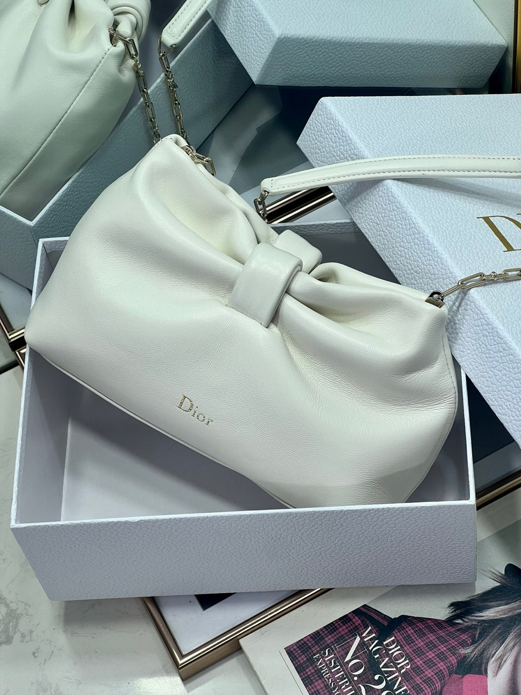 Dior White Leather Bow Chain Shoulder Bag with Gold Hardware