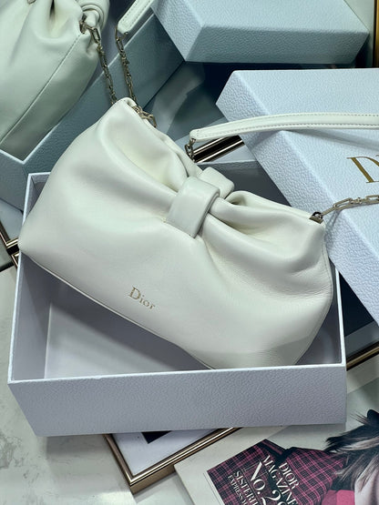 Dior White Leather Bow Chain Shoulder Bag with Gold Hardware