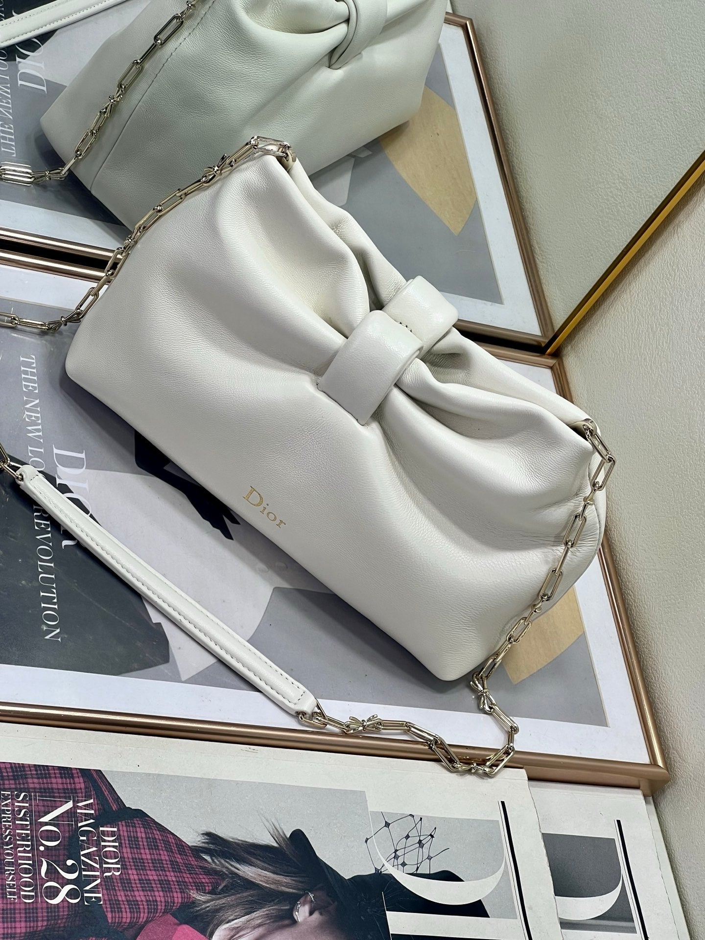 Dior White Leather Bow Chain Shoulder Bag with Gold Hardware