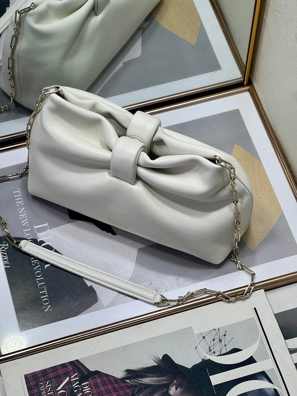 Dior White Leather Bow Chain Shoulder Bag with Gold Hardware